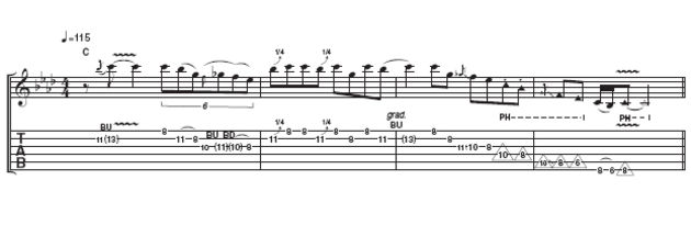 Using the C blues scale, this example typifies Billy's relaxed but 'in command' feel. Details to be aware of are the slow triplets (in bar 1), quarter-tone bends, staccato notes and pinch harmonics.